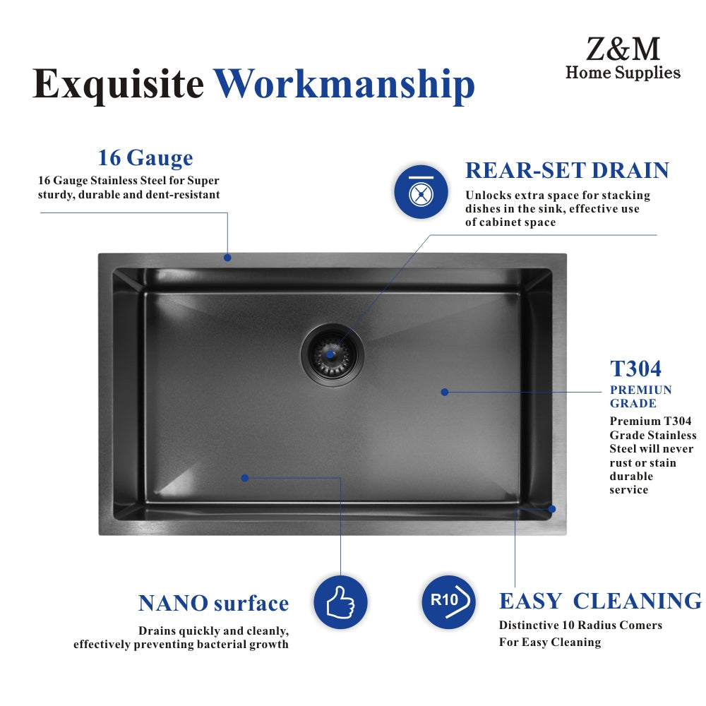 32 inch mamo black undermount kitchen single bowl sink U3218B