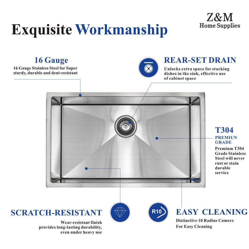 31 inch Handmade undermount kitchen single bowl sink U31175