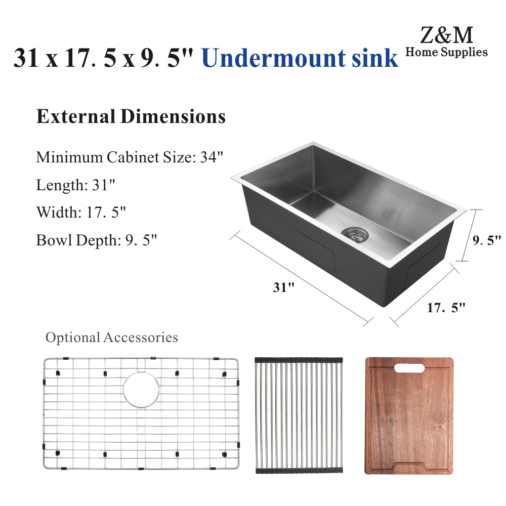 31 inch Handmade undermount kitchen single bowl sink U31175