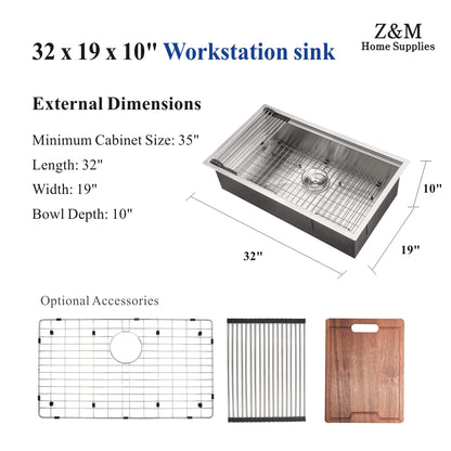 32 inch workstations sink undermount kitchen single bowl sink U3219