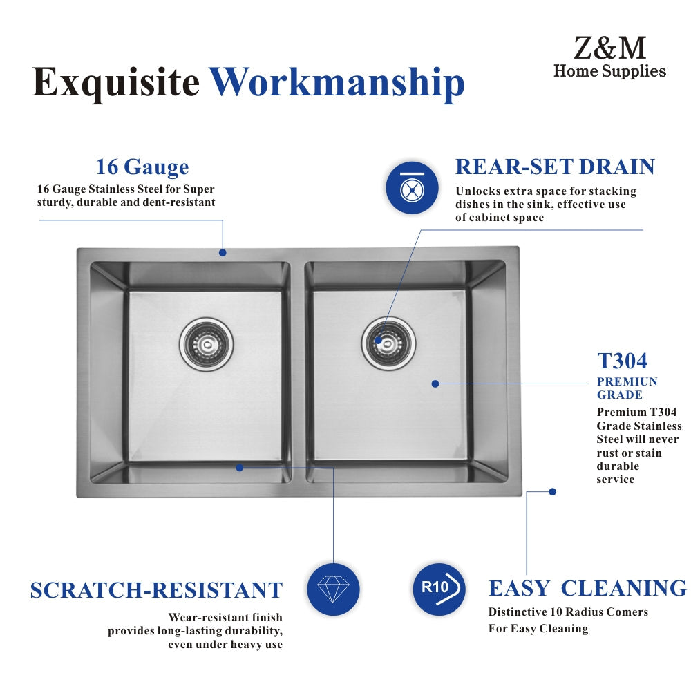 32 inch stainless steel undermount kitchen double bowl sink UD3218