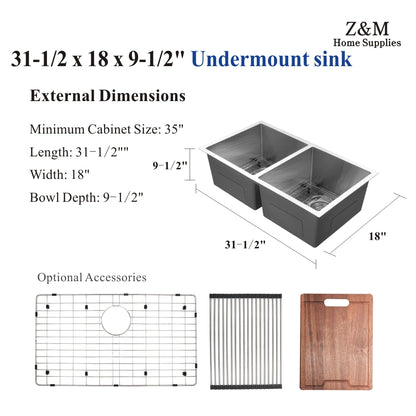 31.5 inch stainless steel brushed undermount kitchen double bowl sink UD31518