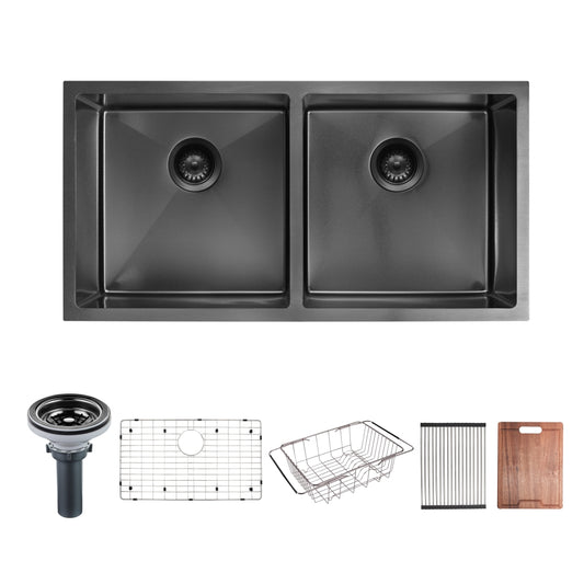 31.5 inch mamo black undermount kitchen double bowl sink UD31518B