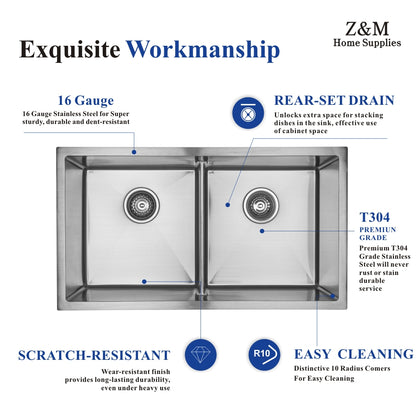 32 inch Handmade undermount kitchen double bowl sink UD3218D 50-50