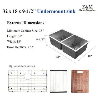 32 inch stainless steel undermount kitchen double bowl sink UD3218