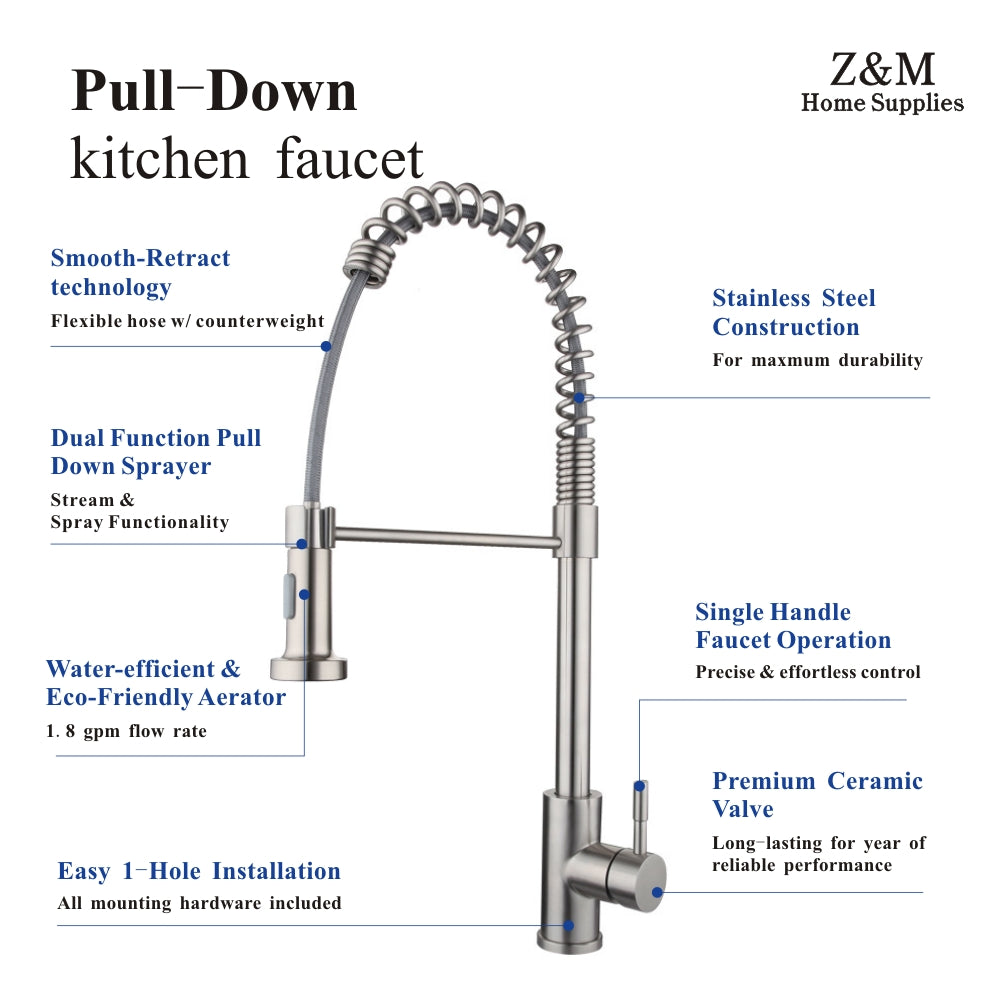 Stainless Steel Brushed Pull Down Kitchen Sink Faucets Pull Out Spring Kitchen YX3041