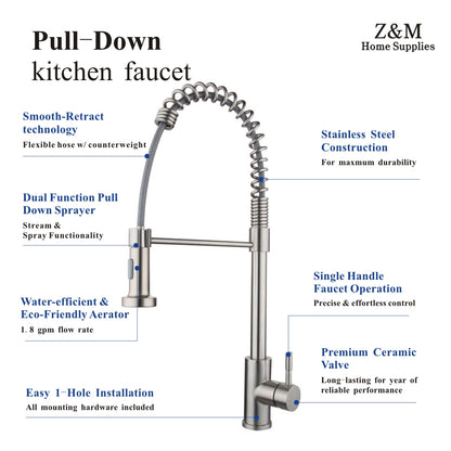 Stainless Steel Brushed Pull Down Kitchen Sink Faucets Pull Out Spring Kitchen YX3041