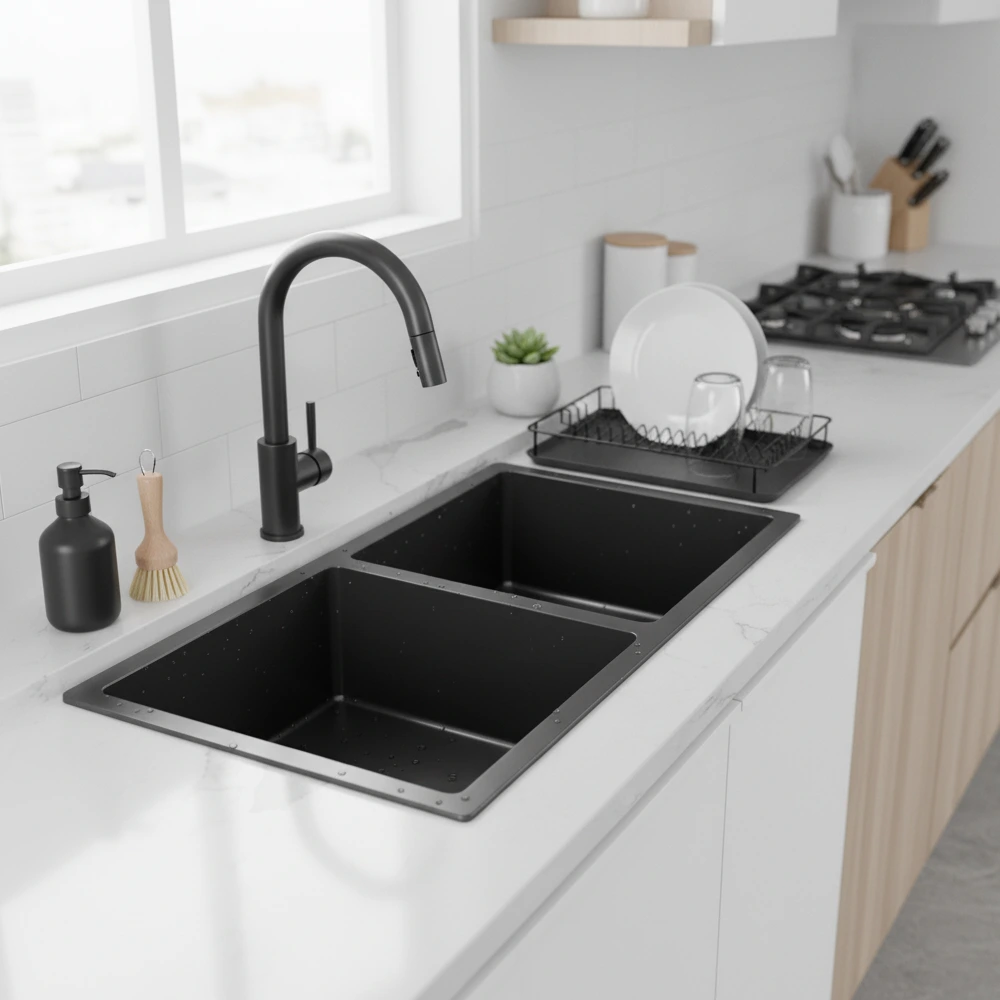 Double Bowl Memo Technology Kitchen Sink 32”x 18”x9.5” With a 2 Basket Drain & 2 Grid - Black - ZM Home Supplies - Lifestyle