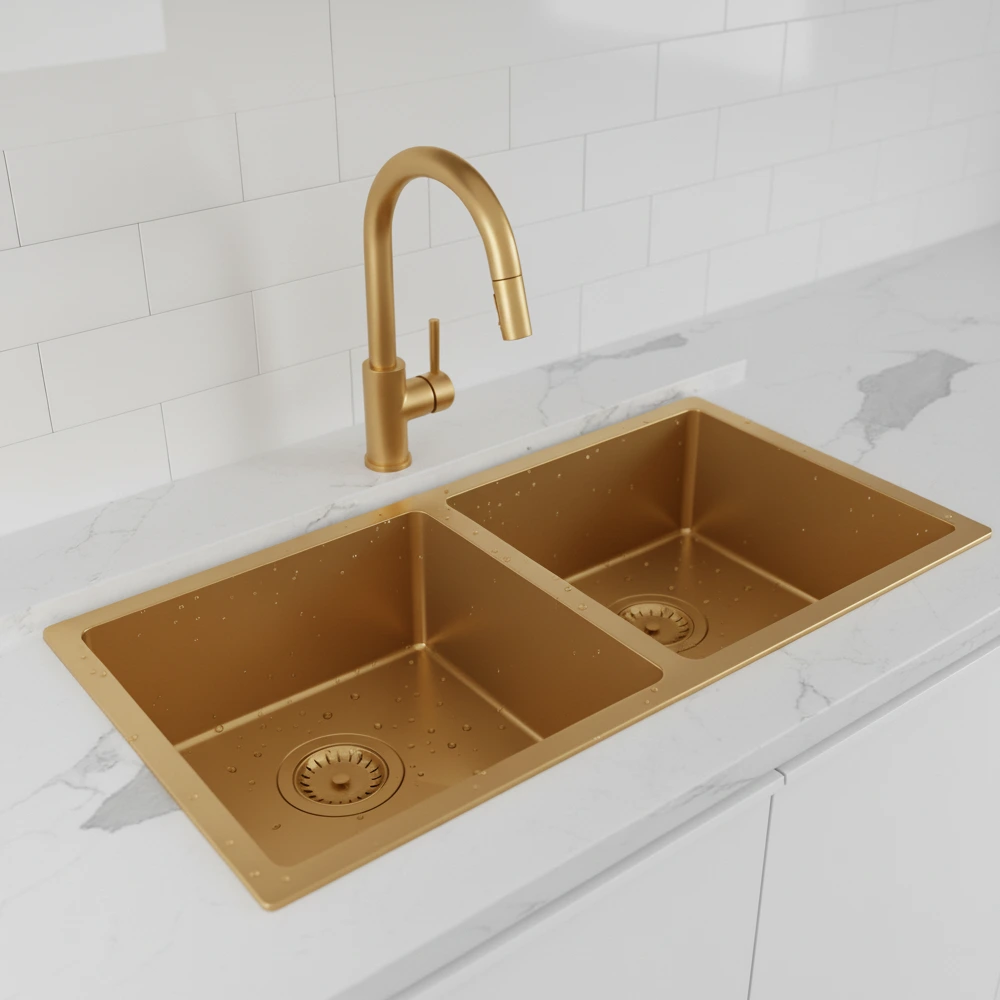 Double Bowl Memo Technology Kitchen Sink 32”x 18”x9.5” With a 2 Basket Drain & 2 Grid