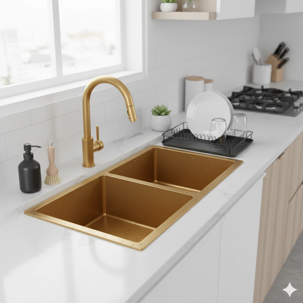 Double Bowl Memo Technology Kitchen Sink 32”x 18”x9.5” With a 2 Basket Drain & 2 Grid - Gold - ZM Home Supplies - Lifestyle
