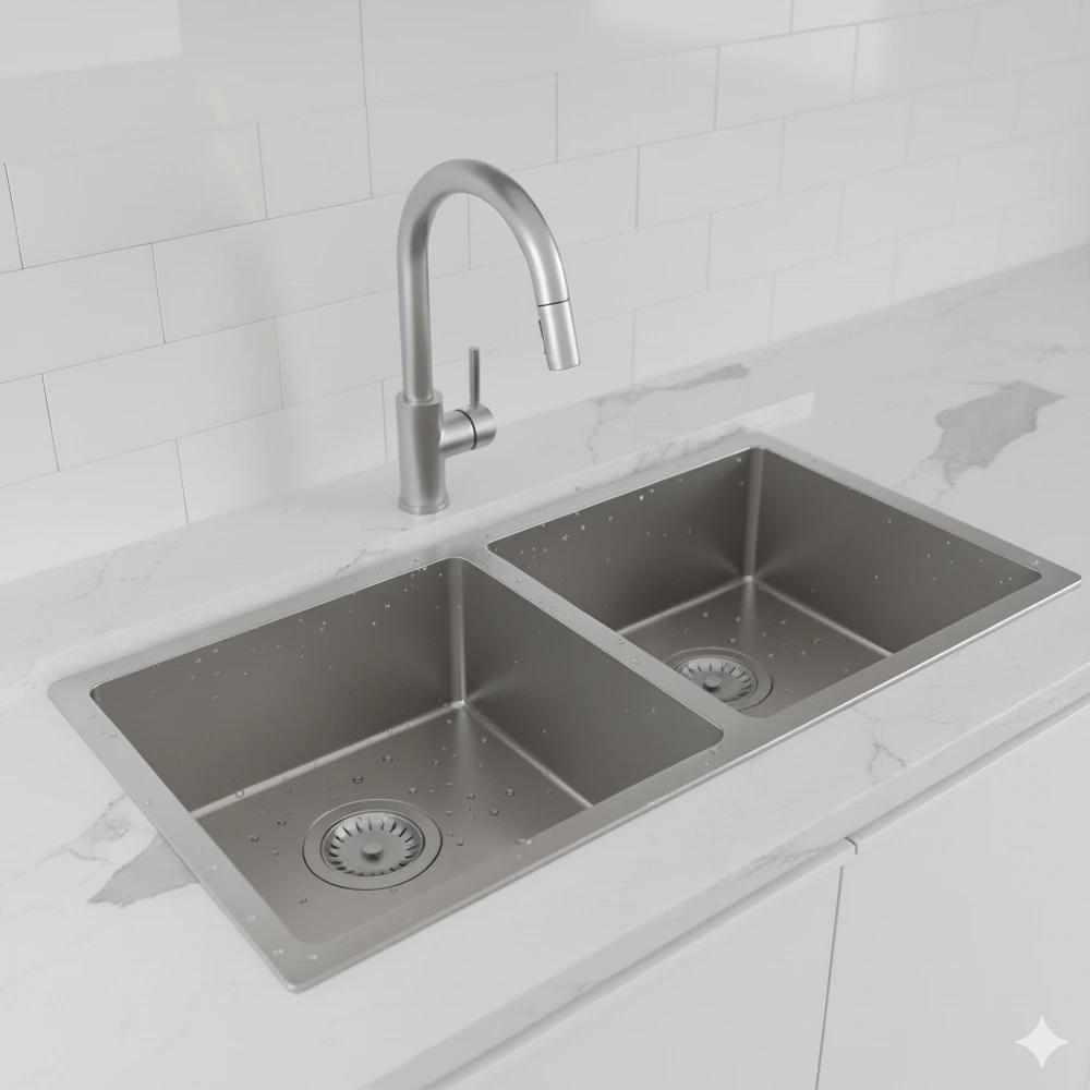 Double Bowl Memo Technology Kitchen Sink 32”x 18”x9.5” With a 2 Basket Drain & 2 Grid