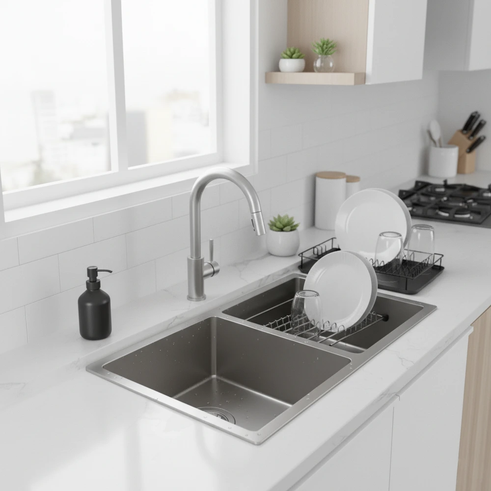 Double Bowl Memo Technology Kitchen Sink 32”x 18”x9.5” With a 2 Basket Drain & 2 Grid - Silver - ZM Home Supplies - Lifestyle
