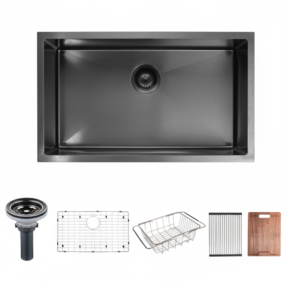 Single Black Memo Sink 32”x 18”x9.5” With a Drain & Grid - ZM Home Supplies