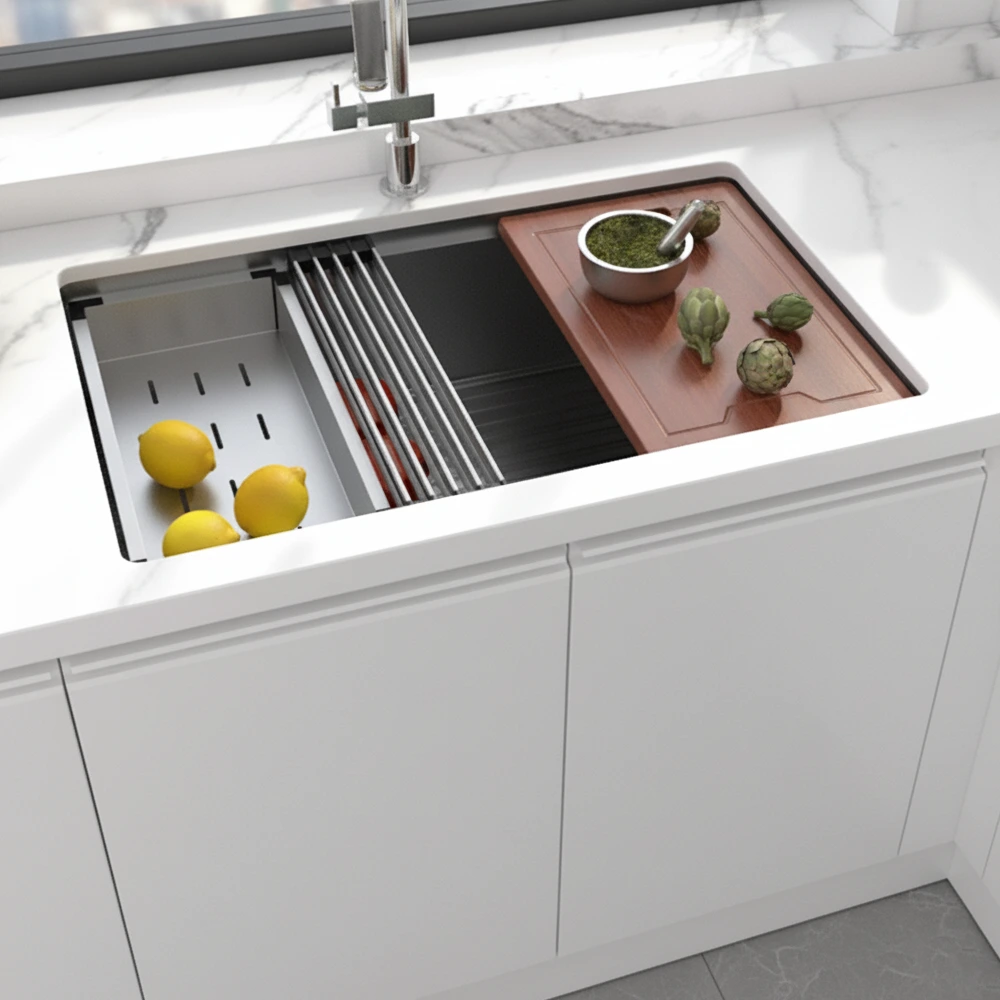 Single Silver Memo Sink 32”x 18”x9.5” With a Drain & Grid - ZM Home Supplies